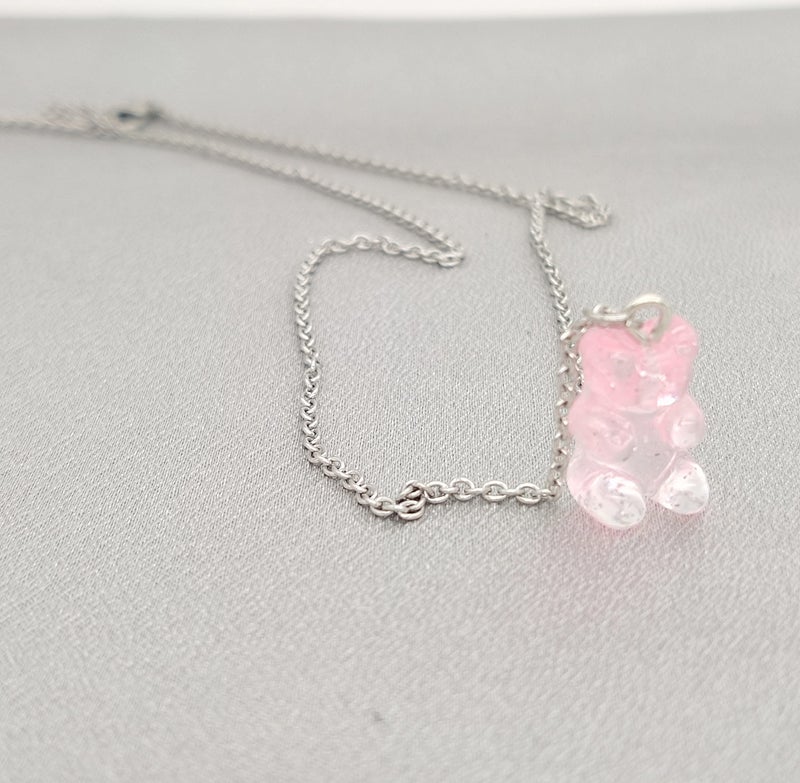 RUIZHEN Mix Multi-color Resin Gummy Bear Pendant Necklace Stainless Steel Chain(pink) - Image 3